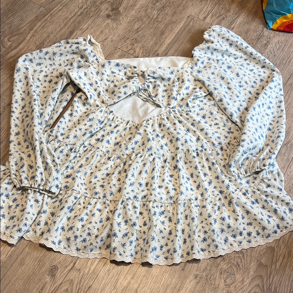 ARULA White Floral Long Sleeve Tiered Peasant Dress with Blue Print